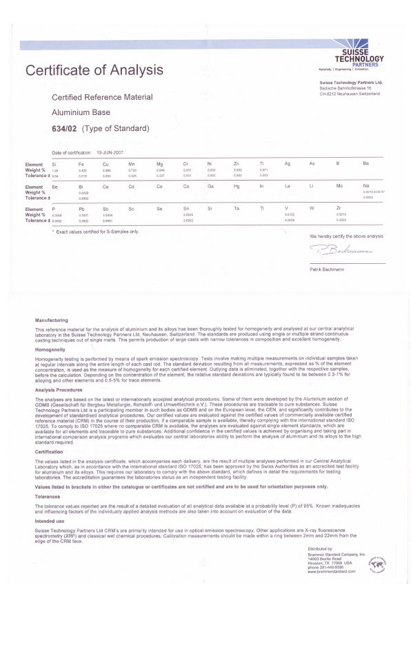 進(jìn)口瑞士鋁業(yè)鋁合金光譜標(biāo)樣 AL 634/02標(biāo)樣證書(shū) 進(jìn)口瑞士鋁業(yè)鋁合金光譜標(biāo)樣 AL 634/02標(biāo)樣證書(shū)